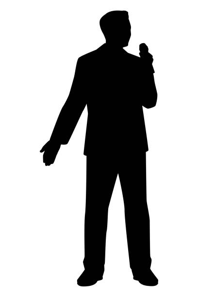 istock Talk show man with microphone in hand silhouette vector, entertainment or comedy actor on stage. 1365743359