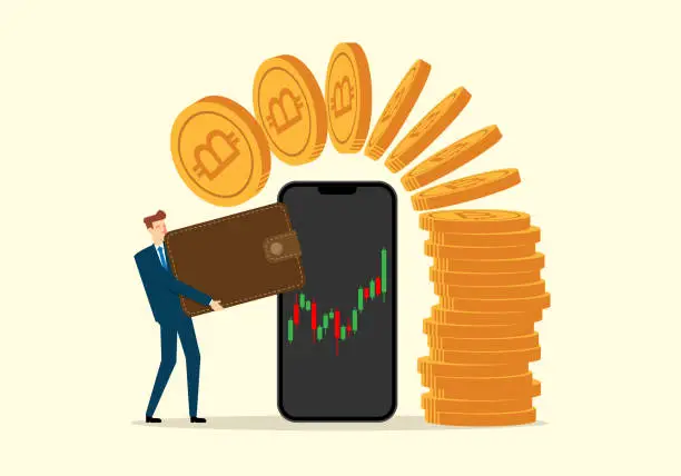 Vector illustration of Businessman holding wallet, Cryptocurrency trading and investment digital technology