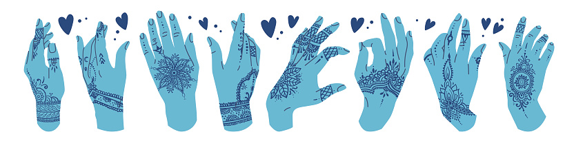 Collection of hands decorated with Indian patterns in the Mehendi style. Set with Elegant woman Hand gestures. Flat style in vector illustration. Isolated on white background element. Fingers, palms.
