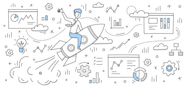 Business startup with businessman flying on rocket Business concept of startup with successful businessman flying on rocket with doodle smm and data analysis icons around. Leader achieve the goal, create new project, boost Line art vector illustration entrepreneur drawings stock illustrations