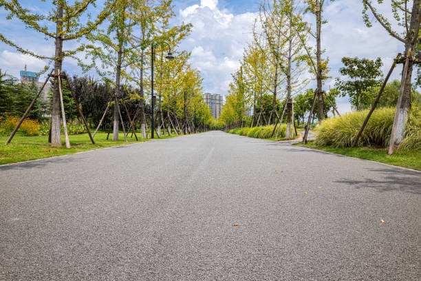 istock Public park pedestrian walkway with modern buildings 1365748203