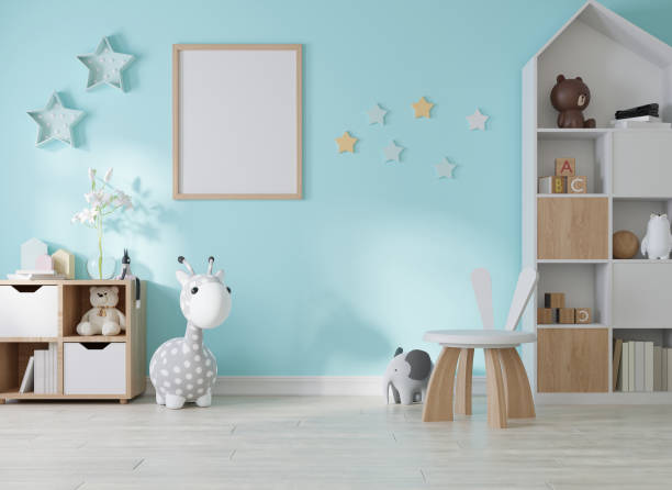 istock Mock up poster frame in children room, kids room 3D rendering 1365748354
