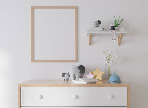 istock Mock up poster frame in children room, kids room 3D rendering 1365748356