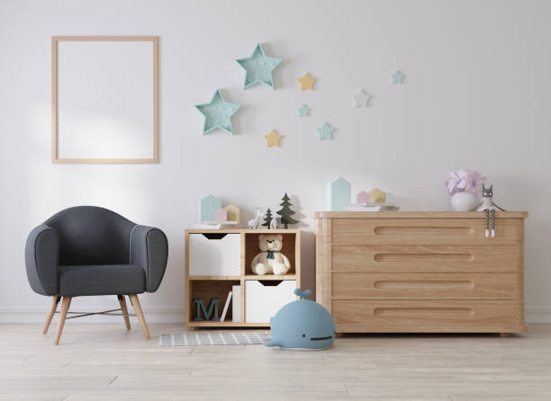 istock Mock up poster frame in children room, kids room 3D rendering 1365748423