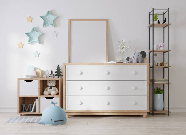 istock Mock up poster frame in children room, kids room 3D rendering 1365748428