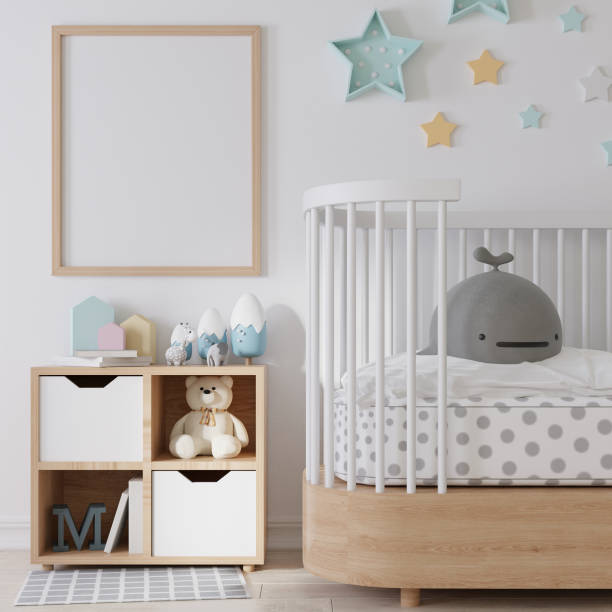 istock Mock up poster frame in children room, kids room 3D rendering 1365748450