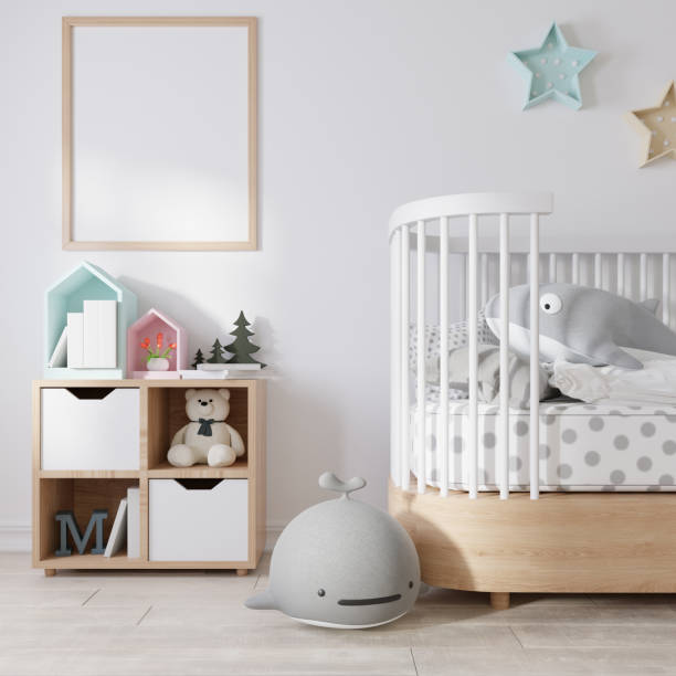 istock Mock up poster frame in children room, kids room 3D rendering 1365748461