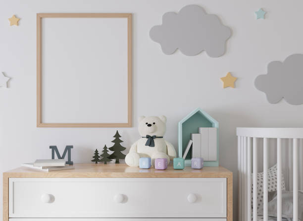 istock Mock up poster frame in children room, kids room 3D rendering 1365748482