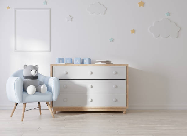 istock Mock up poster frame in children room, kids room 3D rendering 1365748486