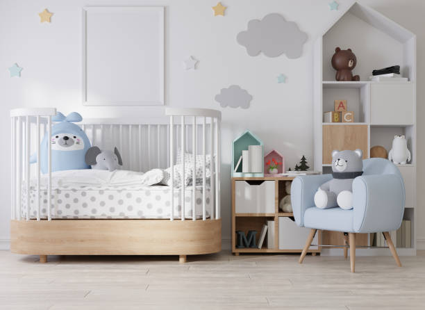 istock Mock up poster frame in children room, kids room 3D rendering 1365748494