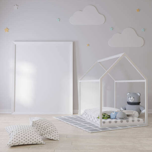 istock Mock up poster frame in children room, kids room 3D rendering 1365748499