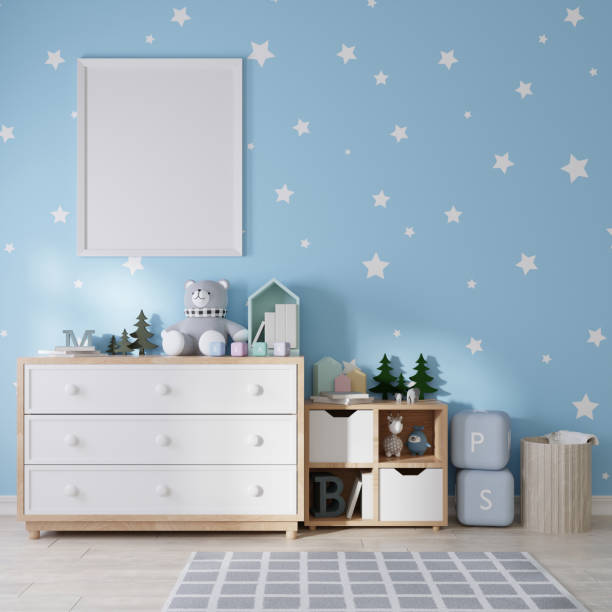 istock Mock up poster frame in children room, kids room 3D rendering 1365748534