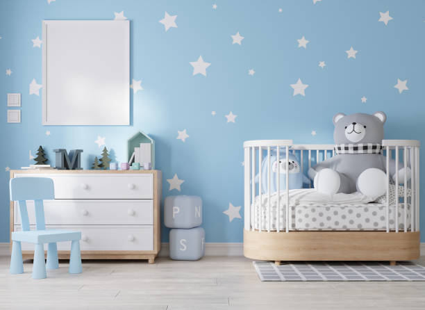 istock Mock up poster frame in children room, kids room 3D rendering 1365748540