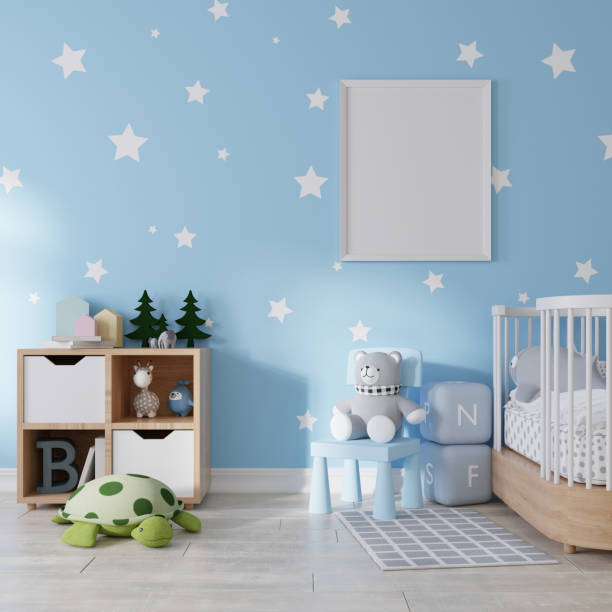 istock Mock up poster frame in children room, kids room 3D rendering 1365748541