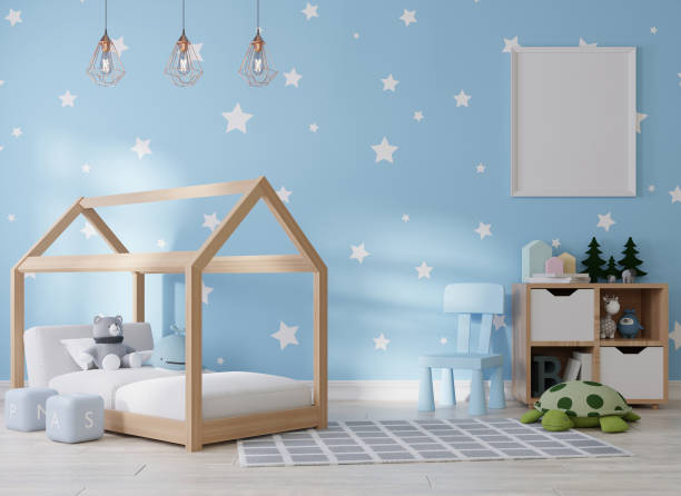 istock Mock up poster frame in children room, kids room 3D rendering 1365748557
