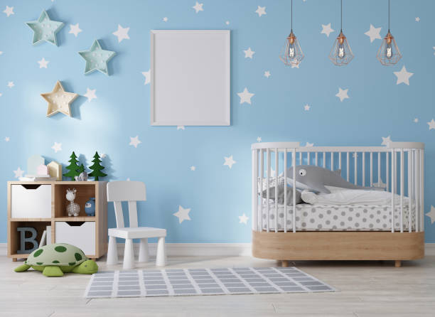istock Mock up poster frame in children room, kids room 3D rendering 1365748558