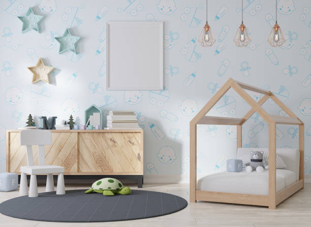 istock Mock up poster frame in children room, kids room 3D rendering 1365748612