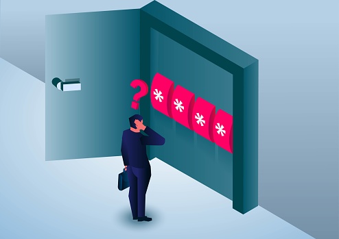 Businessman standing in front of closed door thinking about password to open door, business concept illustration