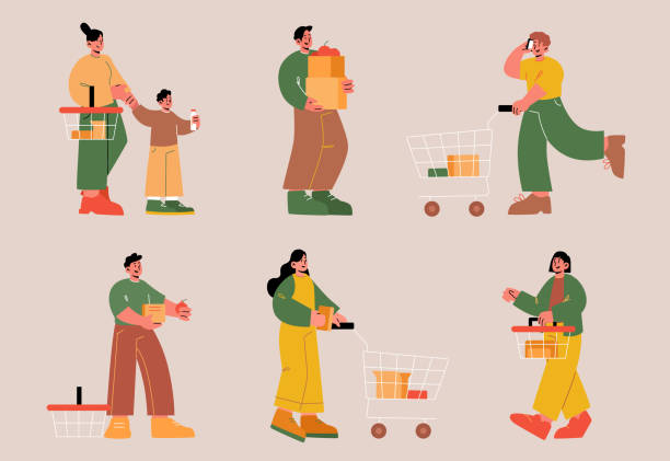 istock Supermarket or grocery visitors, people with carts 1365751012