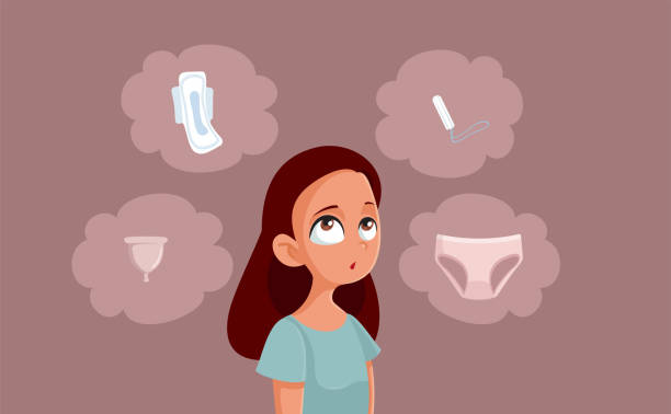 stockillustraties, clipart, cartoons en iconen met girl choosing between sanitary pad, menstrual cup, tampon and panties - damesonderbroek