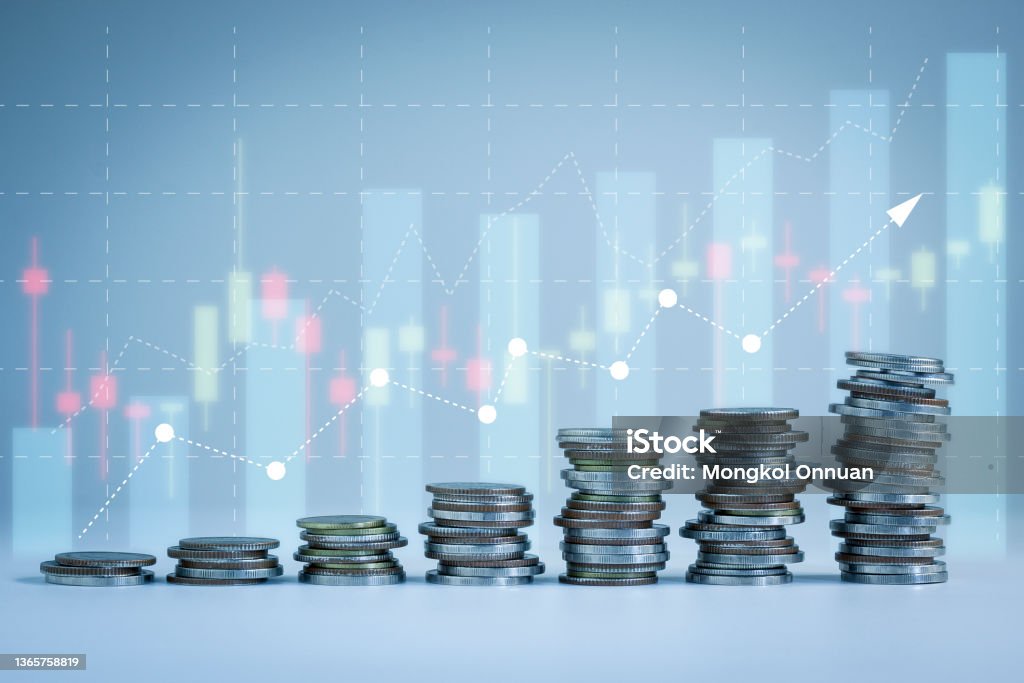 Financial and business background for Stacking of money coins. Savings and Accounts, Finance Banking Business Concept Ideas, Investments, Funds, Bonds, Dividends and Interest. Revenue Stock Photo