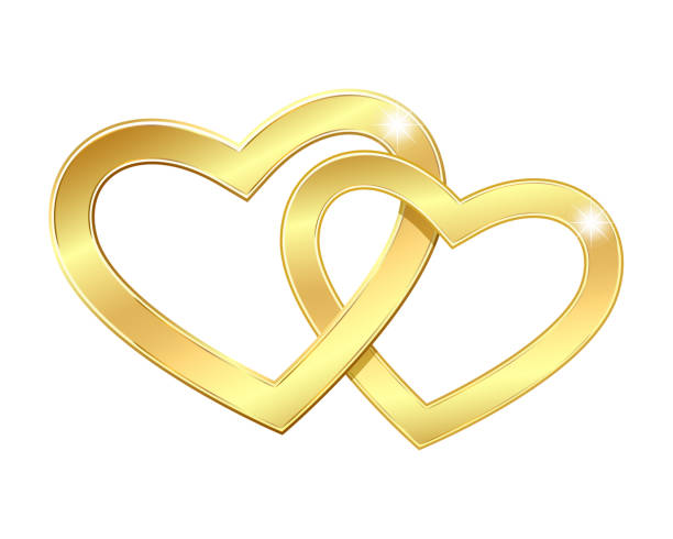istock Two golden heart linked together. Valentines Day card. 1365758824