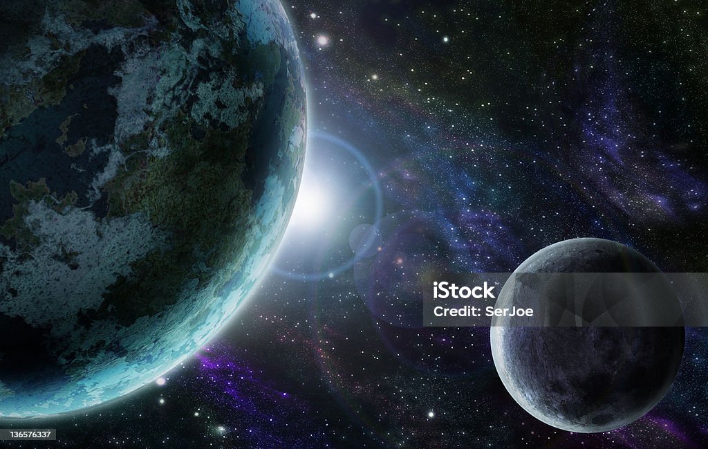 blue planet earth in outer space Sunset with blue planet and the Moon Above Stock Photo