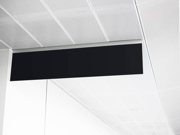istock Mock up Black hanging Banner Media indoor building 1365763423