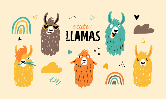 Vector llamas or alpacas with abstract shapes, lettering poster. Children's poster with cats. Cute baby animals