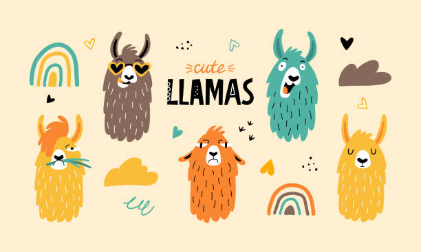 Set of Funny cartoon llamas or alpacas collection with lettering in hand drawn style. Perfect for t-shirt, apparel, cards, poster, nursery decoration. Isolated on beige background vector illustration Vector llamas or alpacas with abstract shapes, lettering poster. Children's poster with cats. Cute baby animals llama stock illustrations