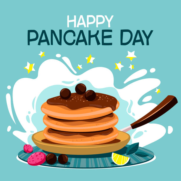 happy pancake day or shrove day concept with pancake fruit and fry pan background - 懺悔星期二 幅插畫檔、美工圖案、卡通及圖標