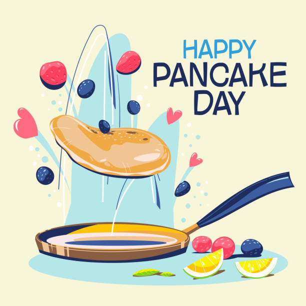 happy pancake day oder shrove day concept mit pfannkuchenobst und bratpfanne hintergrund - shrove tuesday stock-grafiken, -clipart, -cartoons und -symbole