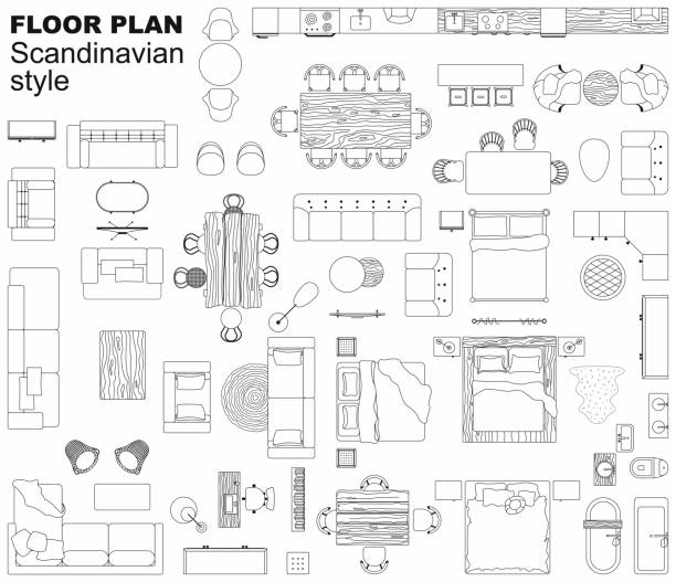 иконки плана этажа, установленные для дизайна интерьера и архитектурного проекта (вид сверху). мебель тонкая линия значок в верхнем виде дл� - furniture high angle view armchair above stock illustrations