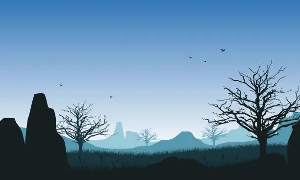 Vector illustration of Mountain view with aesthetic dry tree silhouette from the cliff edge
