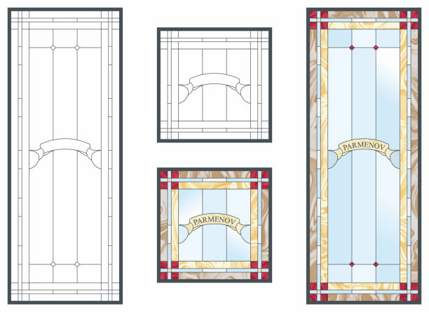витражи с местом для фамилии. прямоугольная и квадратная рама. красочный витраж в классическом стиле для потолочных или дверных панелей, ба - glass art stained window stock illustrations