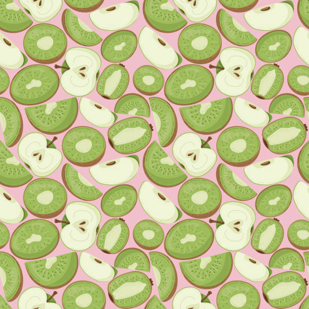istock Fruit seamless pattern for textile products, apple and kiwi pieces, bone and leaves in a flat style 1365769918