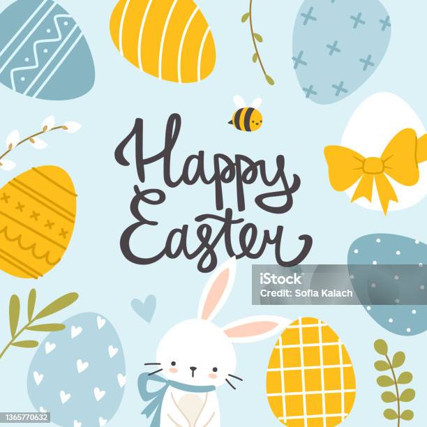 Osterhase Und Bemalte Eier Rahmen Aus Kalligraphietext Frohe Ostern Einladungsvorlage Stock Vektor Art und mehr Bilder von Ostern