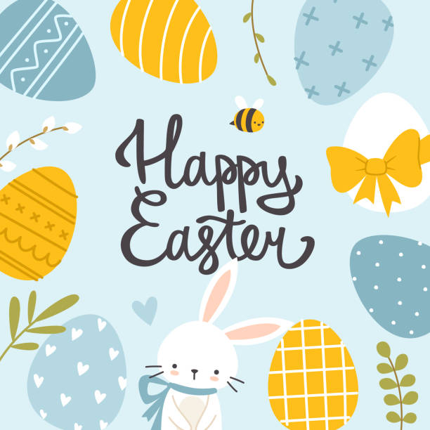 stockillustraties, clipart, cartoons en iconen met easter bunny and painted eggs frame of calligraphy text. happy easter invitation template. - pasen