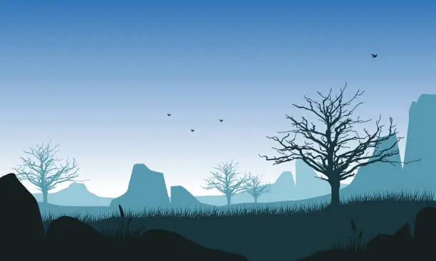 Vector illustration of Fantastic mountain view with dry tree silhouette of the village at dusk