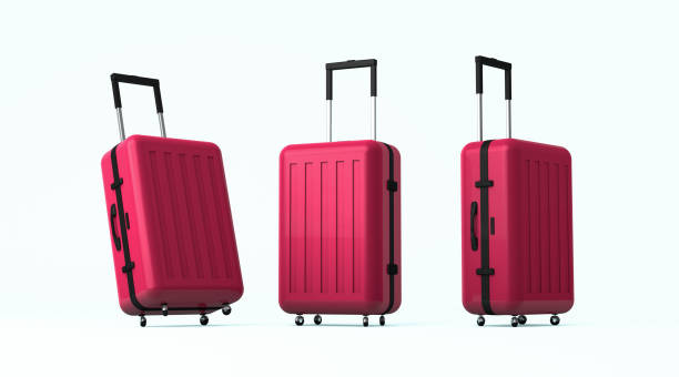 conjunto de maletas rojas de primer plano con la maqueta con el lado diferente. - luggage fotografías e imágenes de stock