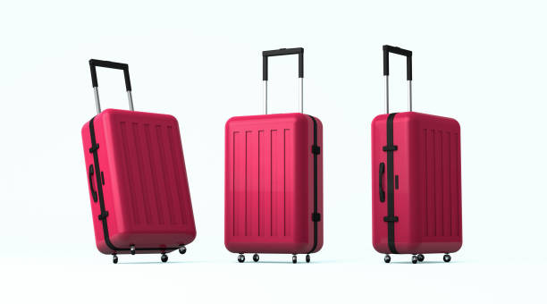 Close up set of red suitcases mock up with difference side. 3D rendering, Close up set of red suitcases mock up with difference side, isolated on white background. luggage stock pictures, royalty-free photos & images