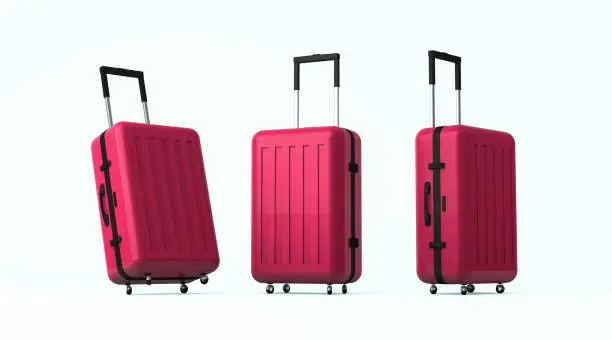 3D rendering, Close up set of red suitcases mock up with difference side, isolated on white background.