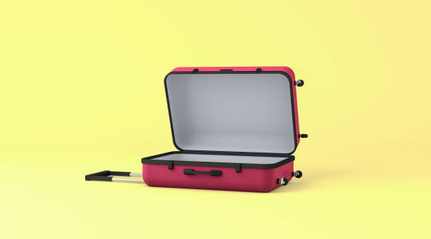 Close up opening of red 3d suitcase. 3D rendering, Close up opening of red suitcase, empty luggage mock up, put on yellow color background. suitcase stock pictures, royalty-free photos & images