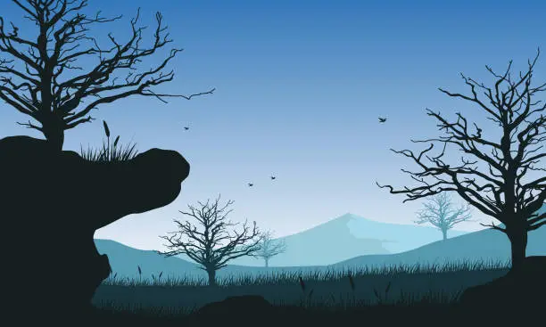 Vector illustration of Stunning mountain view from the cliff edge at dusk with dry tree silhouettes around