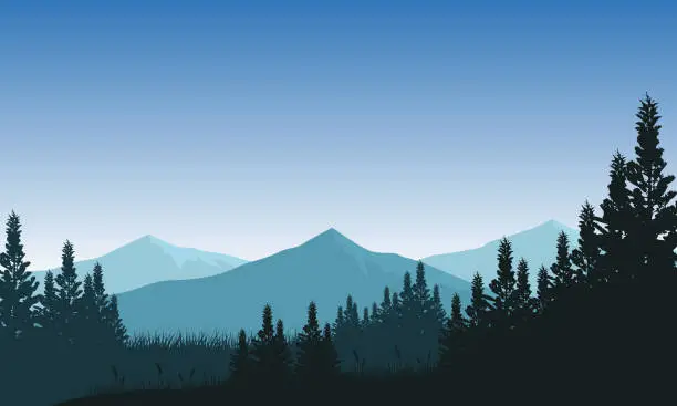 Vector illustration of Mountain panorama with majestic silhouettes of pine trees from the edge of the surrounding village