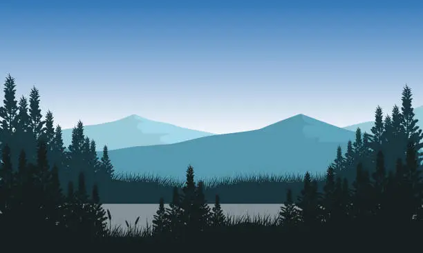 Vector illustration of Cool atmosphere with beautiful mountain views from the lakeside