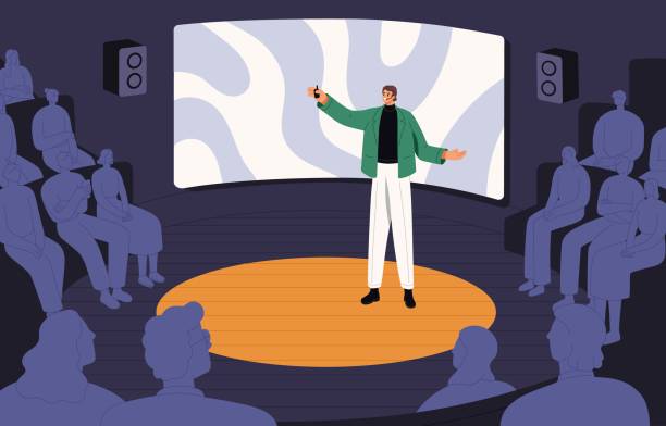 stockillustraties, clipart, cartoons en iconen met speaker lecturing on stage at conference. man during public speech and presentation in front of audience. presenter speaks to people. lecturer in spotlight at education event. flat vector illustration - presentatie-toespraak