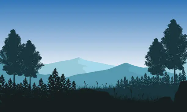 Vector illustration of Beautiful view of silhouetted mountains with pine trees from the countryside at dusk