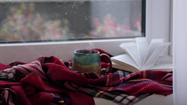 istock Steaming coffee cup on a rainy day window background. cozy atmosphere, in cold weather. Rainy Day Mood. warming home atmosphere 1365783407