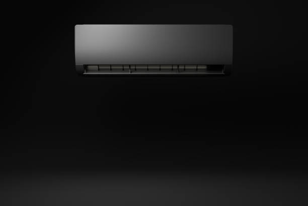 Black air condition floating on black background. minimal concept idea. monochrome. 3d render.